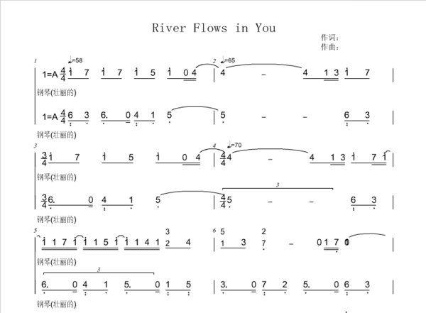 求river flows in you的单手（右手）简谱