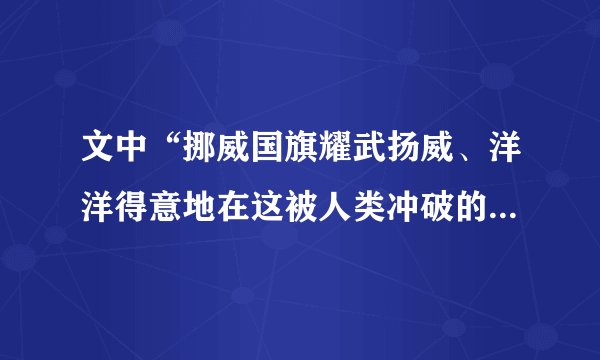 文中“挪威国旗耀武扬威、洋洋得意地在这被人类冲破的堡垒上猎猎作响”这句话使用了什么修辞手法？