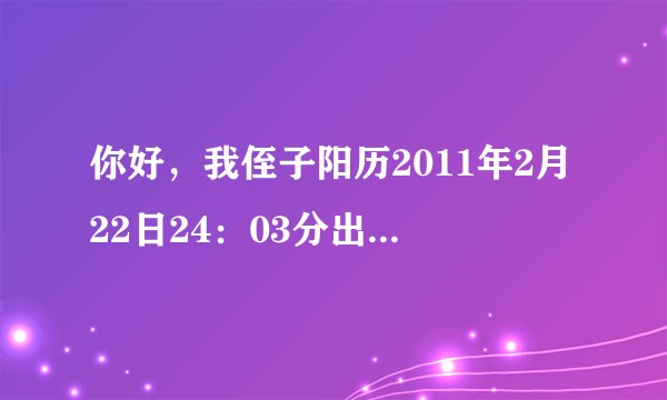 你好，我侄子阳历2011年2月22日24：03分出生，阴历正月二十日子时出生，想问其五行，命理，姓刘起啥名字好