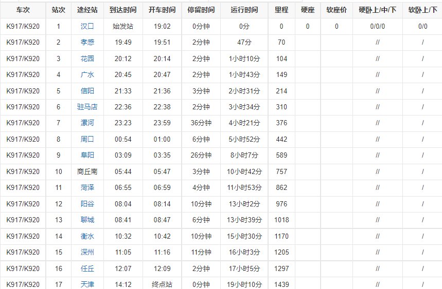 K920列车时刻表